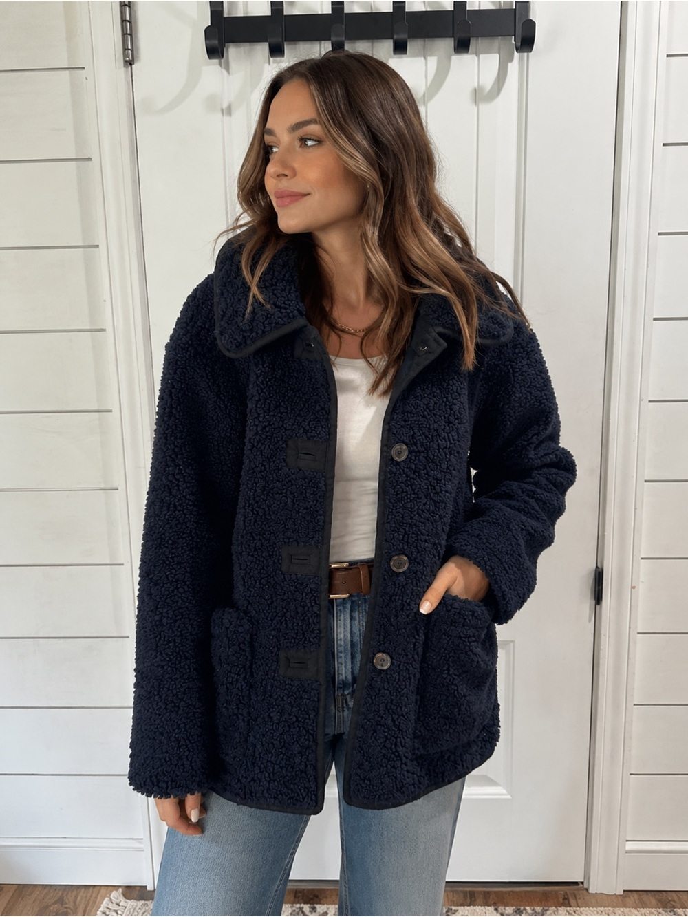 J.Crew Teddy Sherpa Jacket Navy Oversized Coat Large Collar Women’s Size M